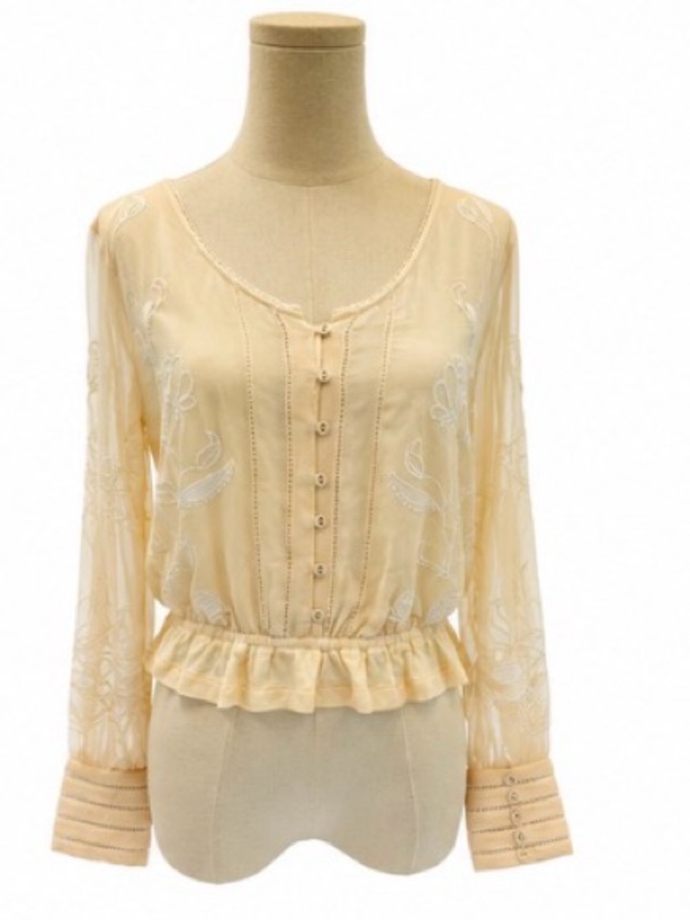 Böhme Embroidered Floral Sheer Sleeve Button Front Blouse Cream Size Small